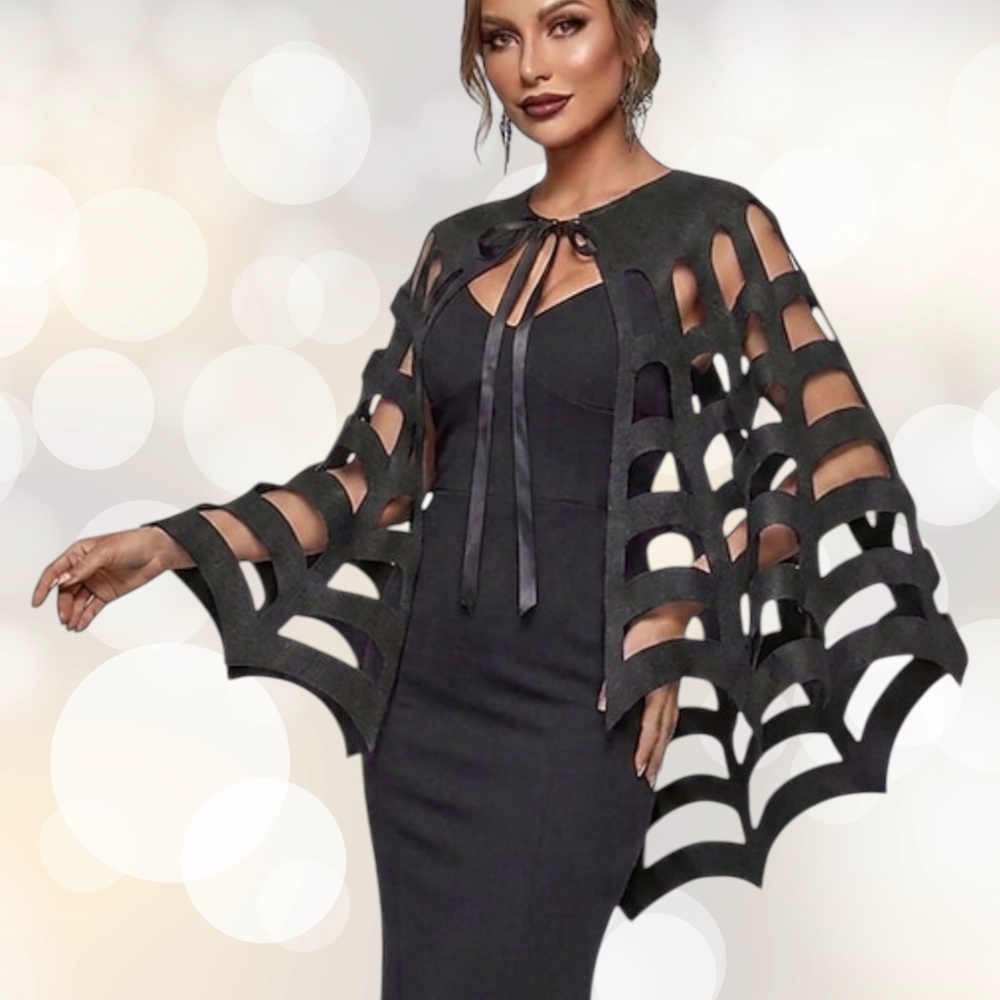 Spider Web Cape Halloween Costume Gothic Witchy Black Open Work Felt One Size